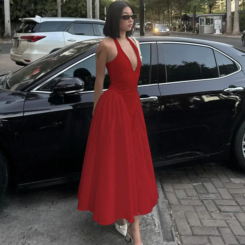 

Сексуальная однотонная женская модная юбка-миди с глубоким V-образным вырезом и вырезом на подоле, летняя полиэстеровая юбка