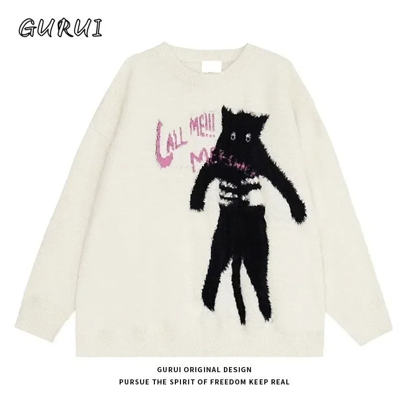 Teenage Harajuku Dark Grunge Black Cat Anime Sweaters Jumpers Streetwear Oversized Couples Kawaii Pullover Autumn Winter Clothes