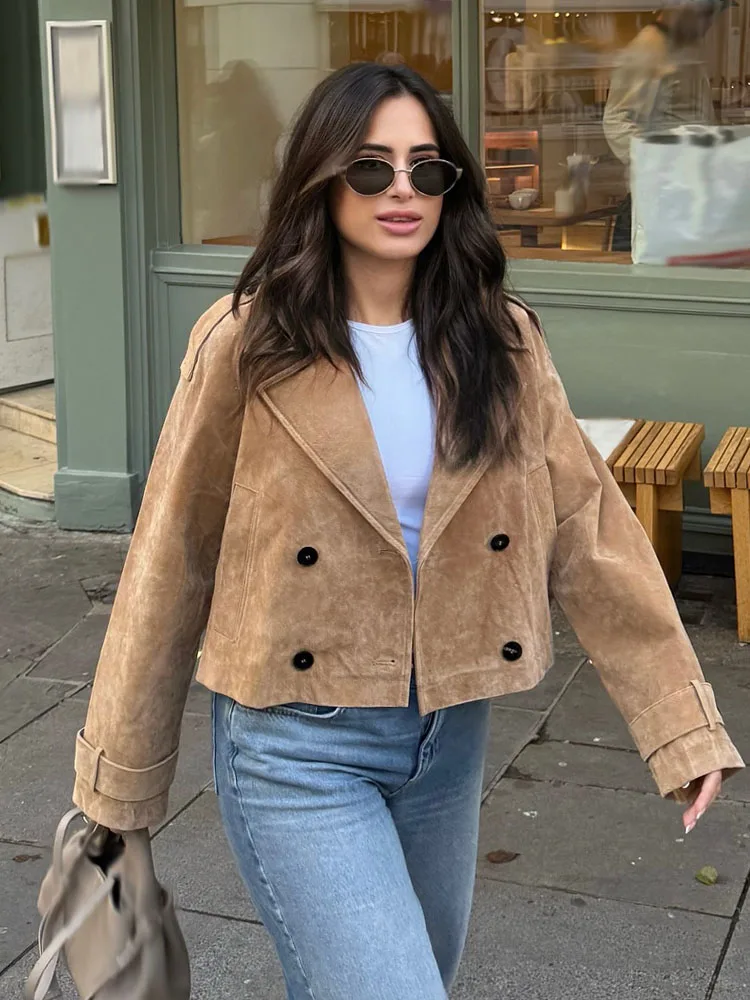 HH Woman Autumn Turn-Down Collar Long Sleeves Street Style Short Coats Women Fashion Pocket Double-Breasted Design Jacket