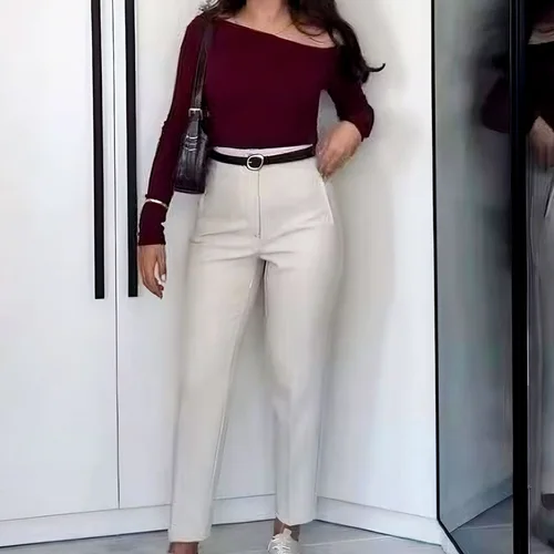 Imagen 2 del producto HXAO, pantalones para mujer, ropa de oficina, pantalones para mujer, pantalones casuales formales de cintura alta, pantalones recortados negros, rosas y blancos para primavera y verano 088