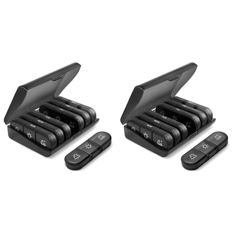 

ABWR-2X Портативная дорожная коробка для таблеток Еженедельный органайзер для таблеток 3-разовый дневной свет-стойкий чехол для таблеток Черный Универсальный