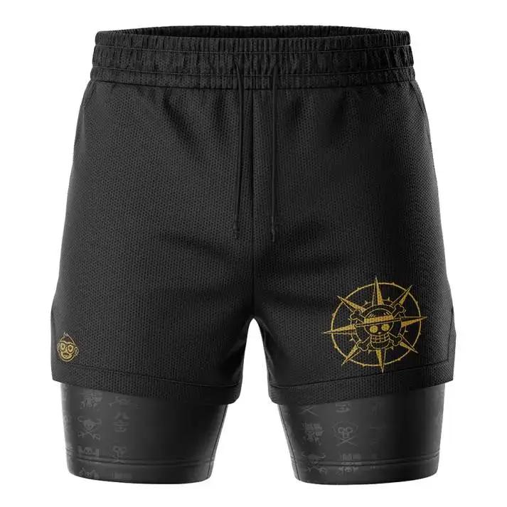 Pantalones cortos de doble capa de Anime de una pieza para hombre, entrenamiento de gimnasia, estampado de Luffy Zoro, tela de secado rápido, talla grande, ajuste holgado con bolsillos