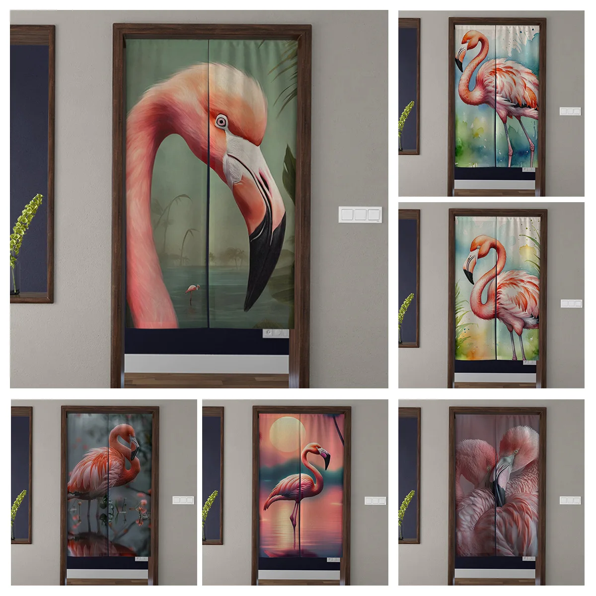 Door Curtain Noren Room Partition Privacy Protection Pendant Japanese Kitchen Decoration Household Multi Size animals flamingos