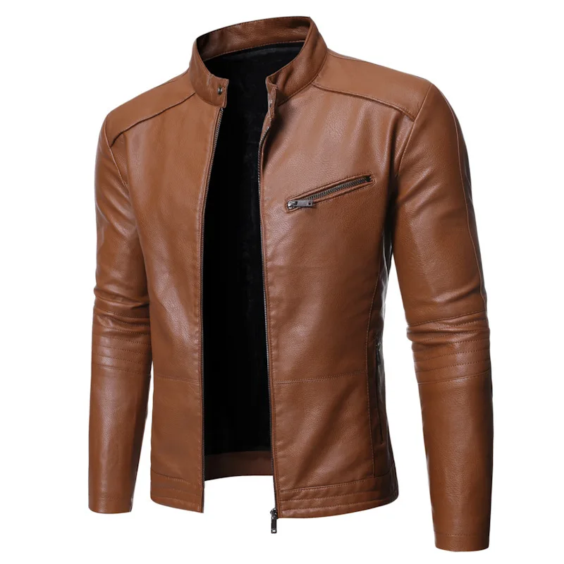 

Men's Motorcycle Jaet Waed PU Leather Stand Collar Long Zipper Casual Faion Autumn Winter Outerwear for Men