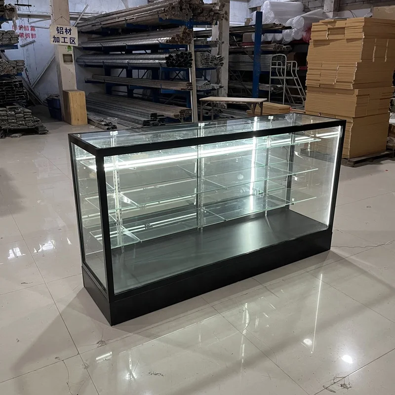 Kustom. Display kaca lebar 70 inci, rak kaca dapat disetel, lampu LED, etalase toko asap