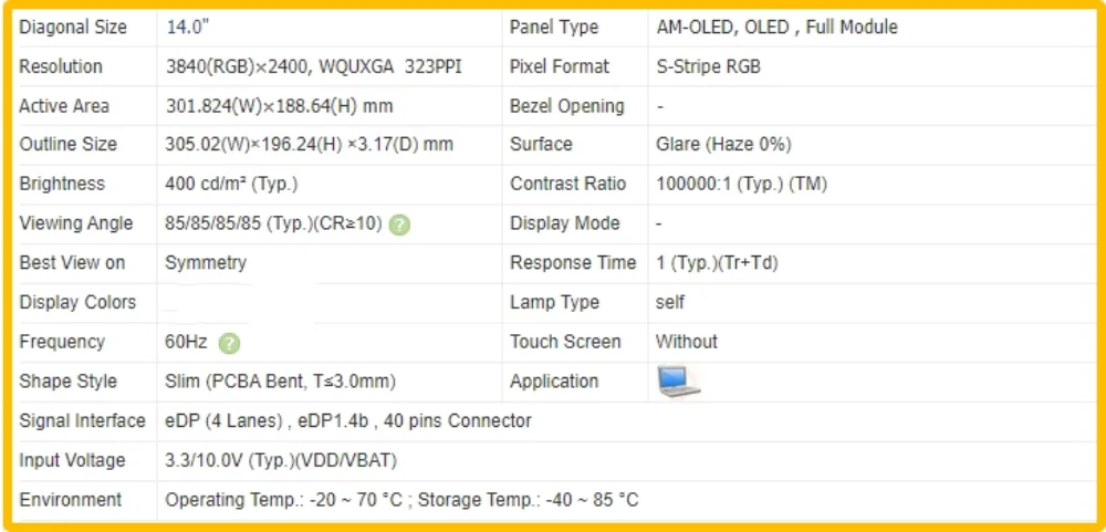 ATNA40YN04-0 14.0 inch Laptp Display OLED Screen No-touch IPS Panel 40pins 4K UHD 3840x2400