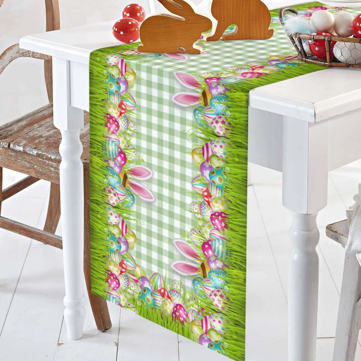 Easter Bunny Ear Eggs Green Buffalo Plaid Linen Table Runner Dresser Scarf Decor Kitchen Dining Table Runner Easter Decorations