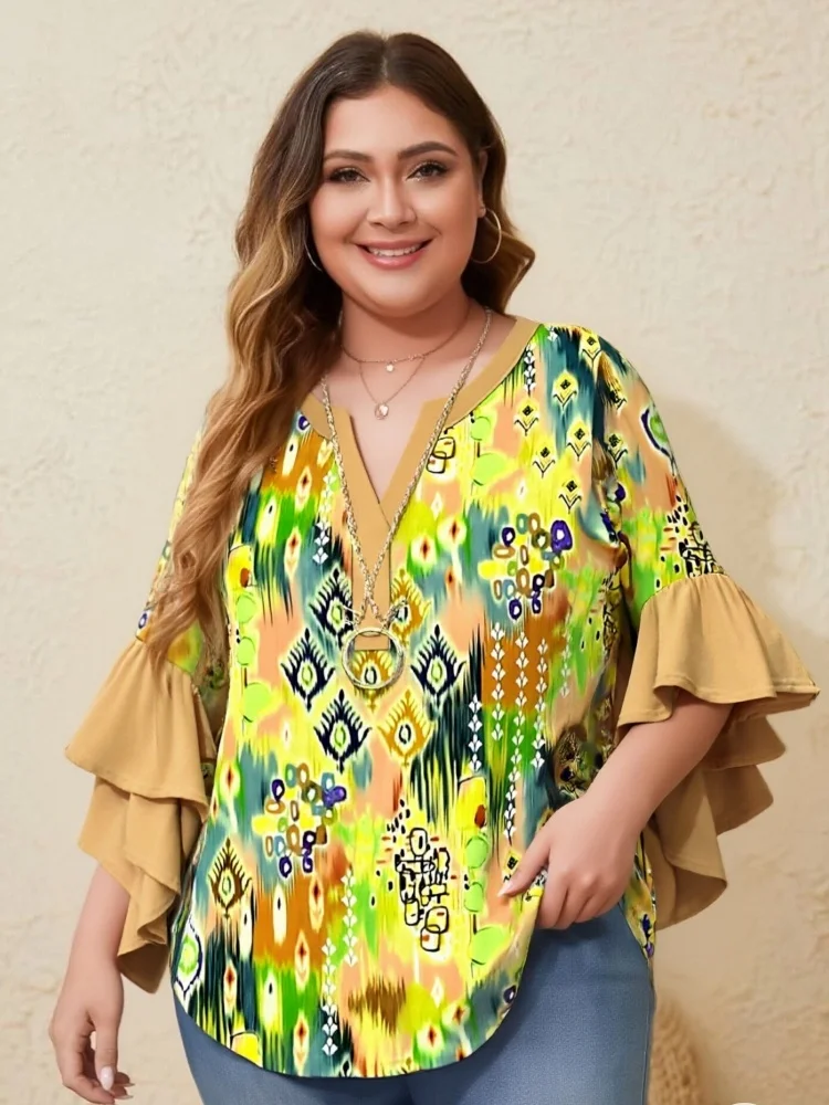 PLUS SIZE Women Blouses Tops Office Lady Spring Autumn Casual V-Neck Long Sleeve Vintage Loose Floral Printed Ruffle Blusas Top
