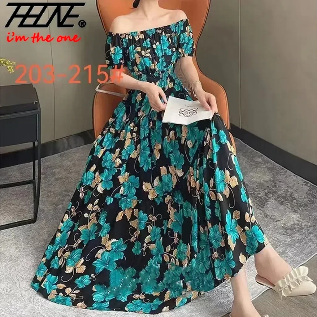 Summer Women Dress Loose Korean Style Bohemian Floral Cotton Beach Off-Shoulder Print Casual Vintage Vestidos Robe Maxi Dresses