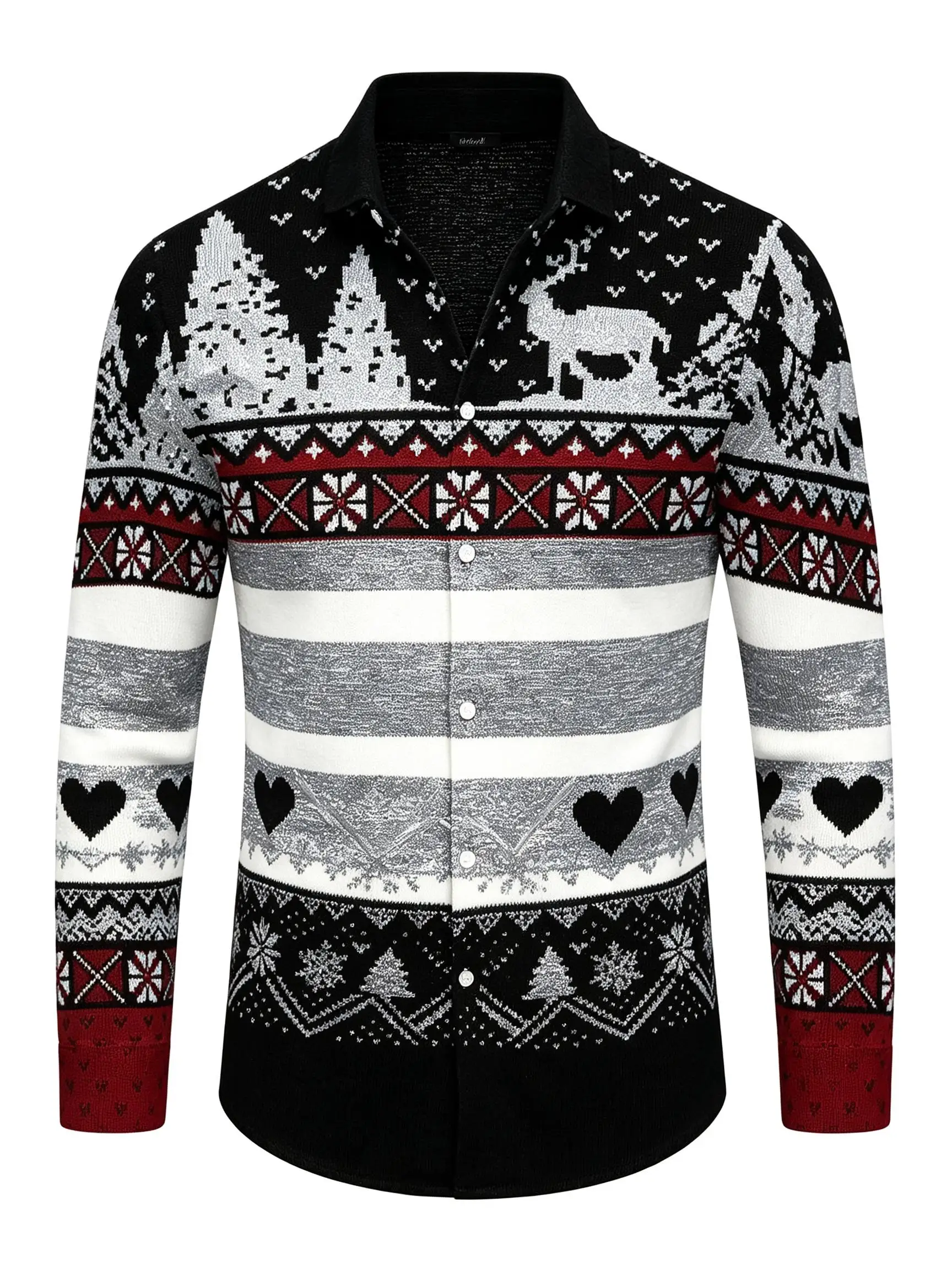 Mens Festive Xmas Shirt, Fake Knitted Pattern Elk Snow Tree Full Print Long Sleeve Button Up Party Outfit