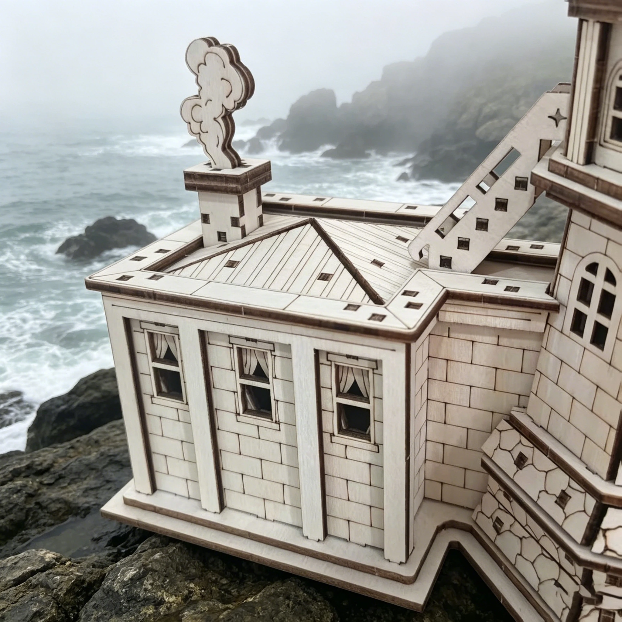 Wooden Lighthouse & Cottage 3D Puzzle, DIY Assembly Model, Seaside Desktop Decor Craft Gift