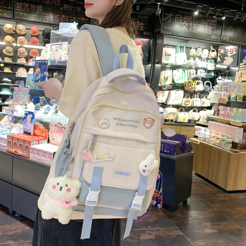 Cute Cartoon Rabbit Charm Decor Backpack Casual Versatile Backpack for Women Trendy All-match School Bag