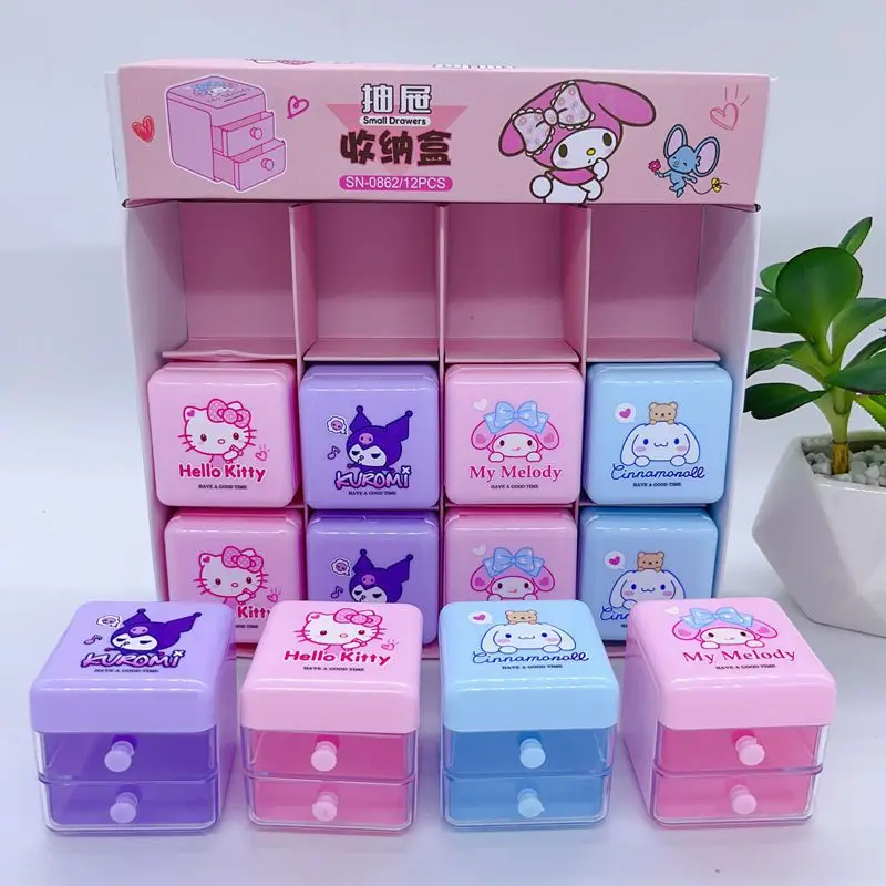 12pcs Cute Cartoon Sanrio Cinnamoroll My Melody Kuromi Drawer Storage Box Mini Jewelry Finishing Box Double Jewelry Box Gifts