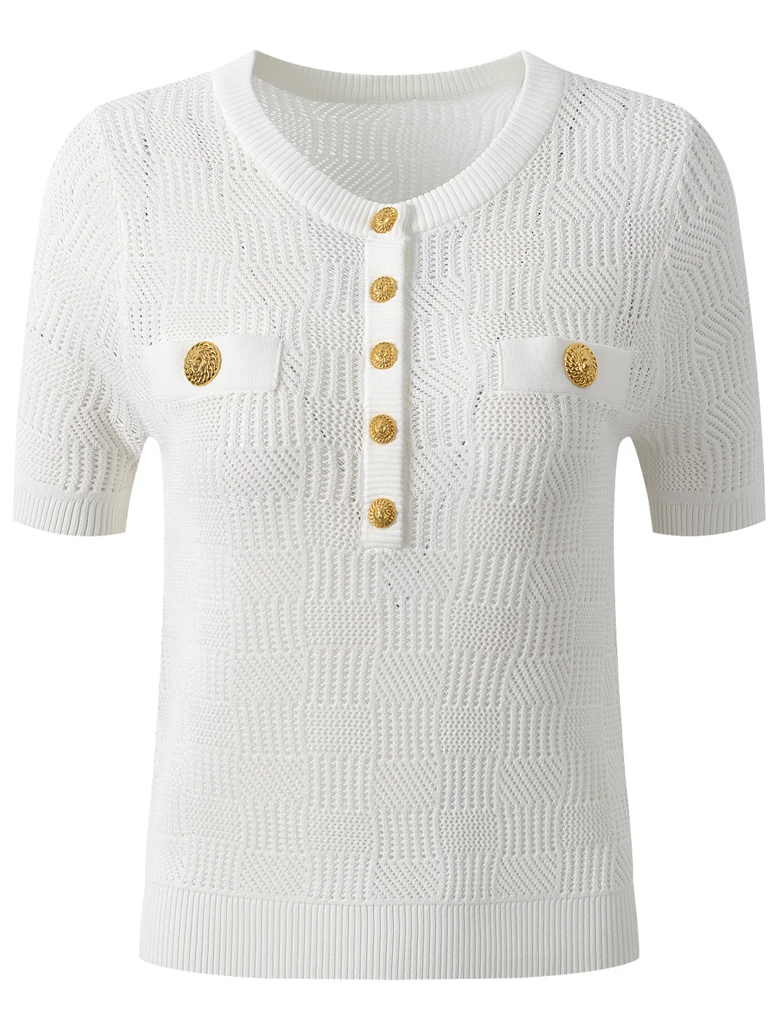 Fashionable round Neck Short Sleeve Knitted Top Metal Buckle Hollow out Design Summer New Arrival Women's T-Shirt Standard Fit