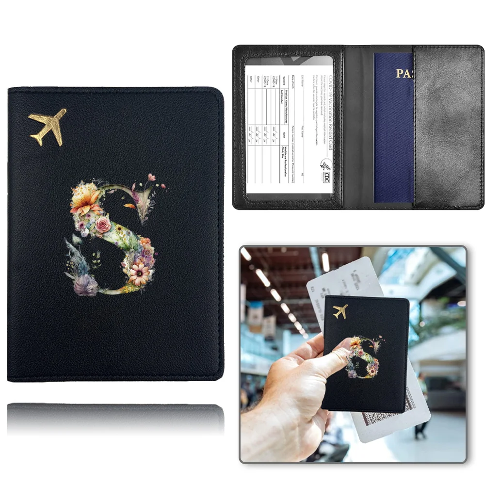 Portable Passport Case Travel Women Men Credit Card Organizer Cover PU Airplane Travel Passport Cover floral Letter Pattern