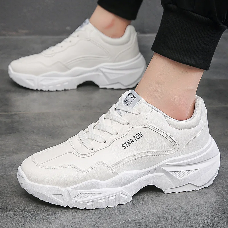 Zapatillas de deporte vulcanizadas con plataforma para hombre, zapatos vulcanizados de cuero blanco con cordones, novedad de otoño, 2023