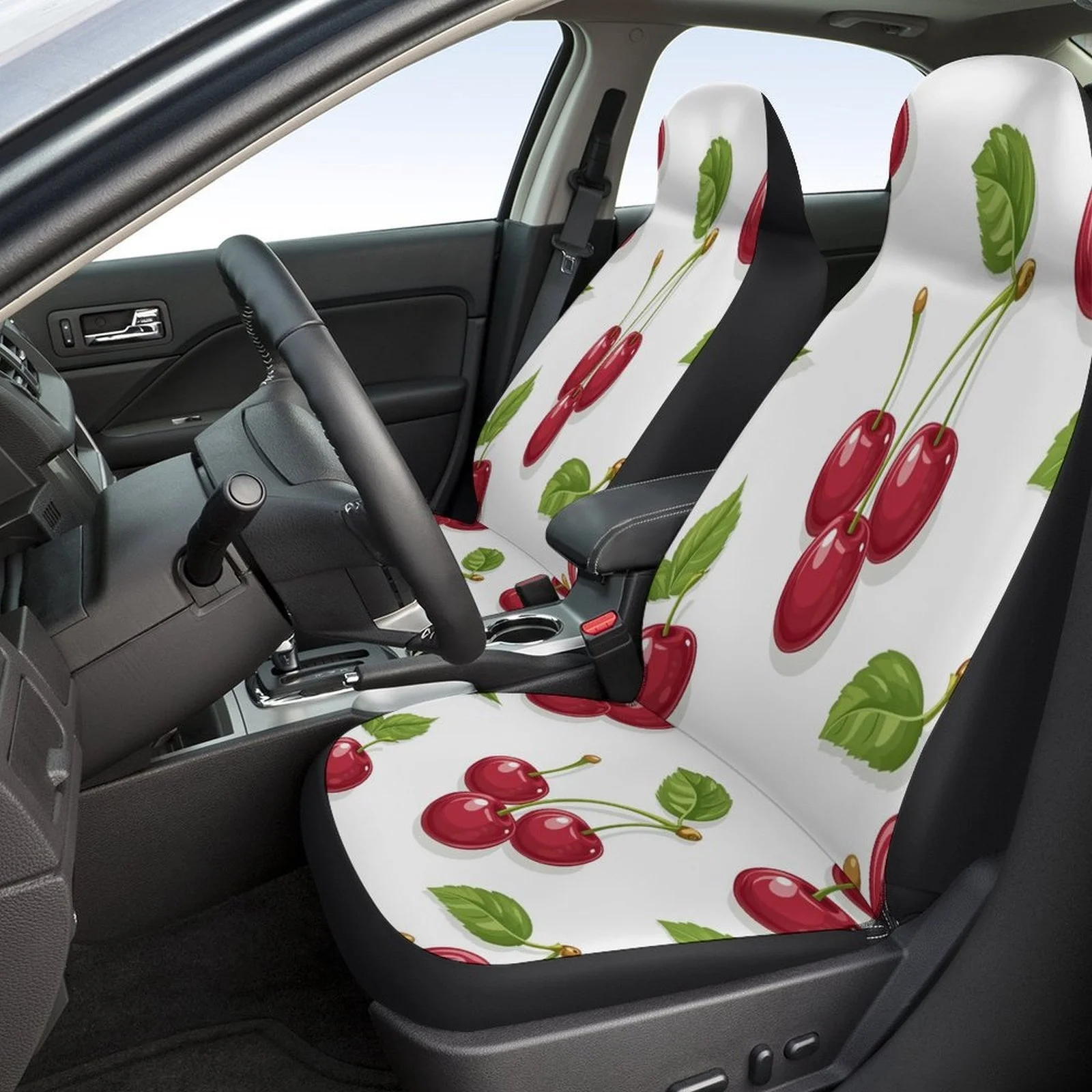 Cherry Pattern Car Seat Cover Set | Trendy Novelty High-quality Universal Fit Polyester Seat Protectors For Front And Rear Seats