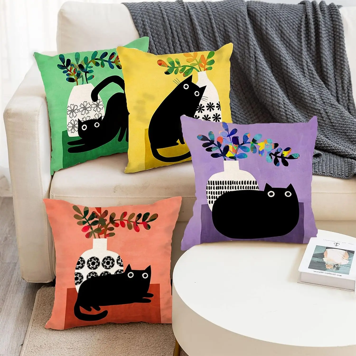 Colorful Cute Black Cat Throw Pillow Covers Welcome Home Kitty Pillowcase Decoration for Sofa Couch Set of 4 Pillow Case 45x45