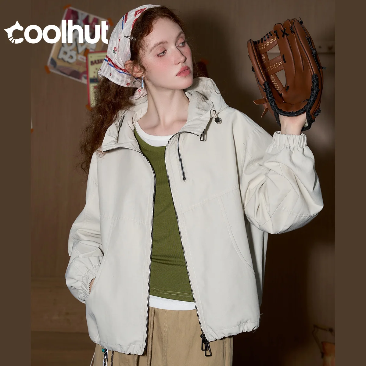 

COOLHUT женская куртка с капюшоном на двойной молнии, осеннее миниатюрное уличное пальто, спортивный шикарный дизайн, легкая ветровка, повседневная уличная одежда