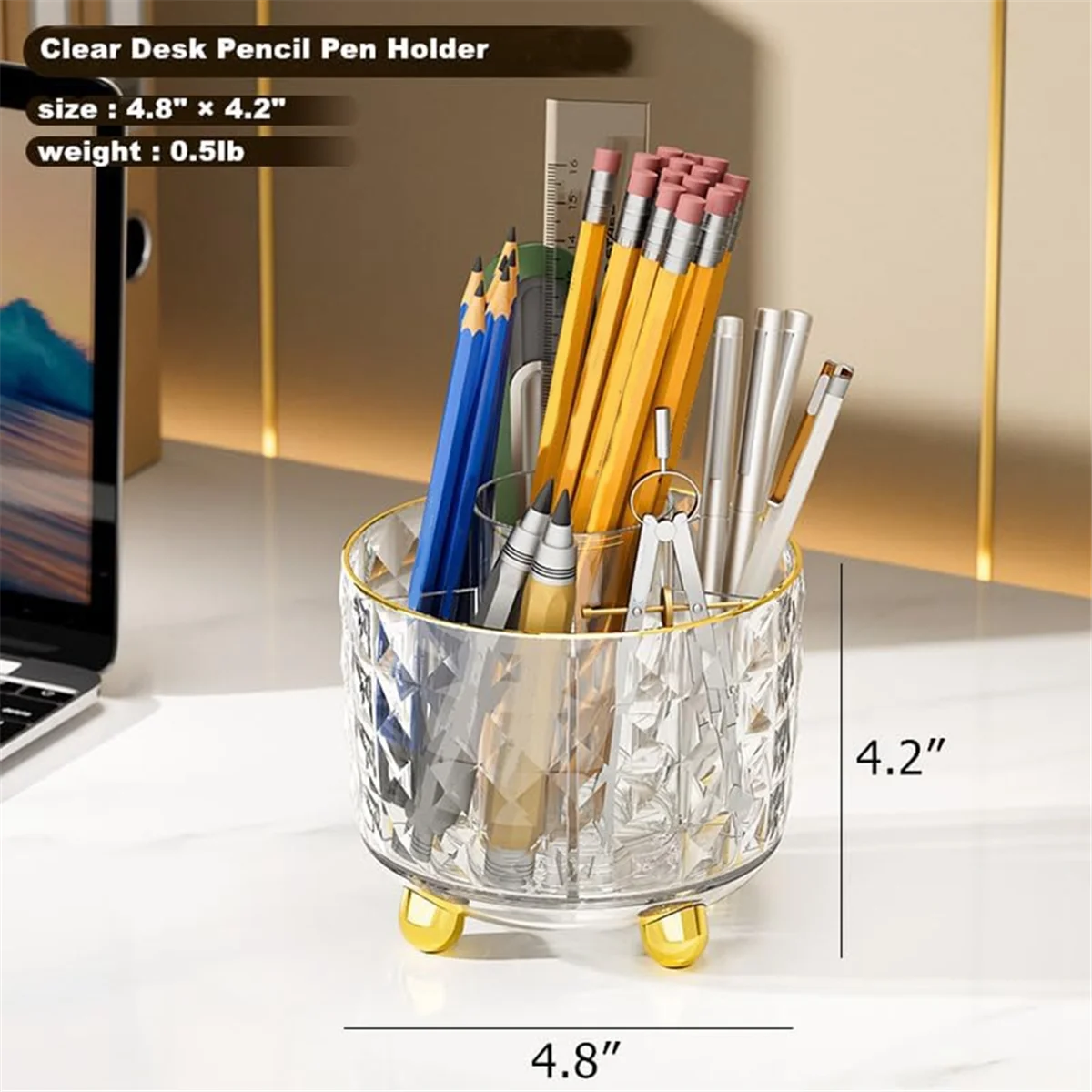 Pencil Holder for Desk, Pen Holder, 360°Rotating Desk Organizers with Dust Cover for Desk, Office, School Clear