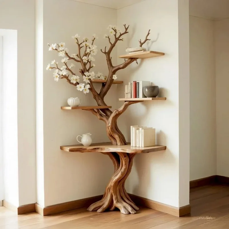 

Solid wood tree display bookshelf Natural style decorative storage rack