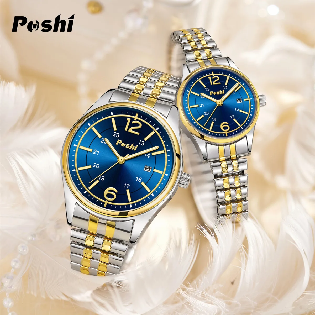 Poshi Paar Horloge Mode Casual Quartz Polshorloge Luxe Legering Elastische Band Met Datum Lover Horloges Voor Cadeau