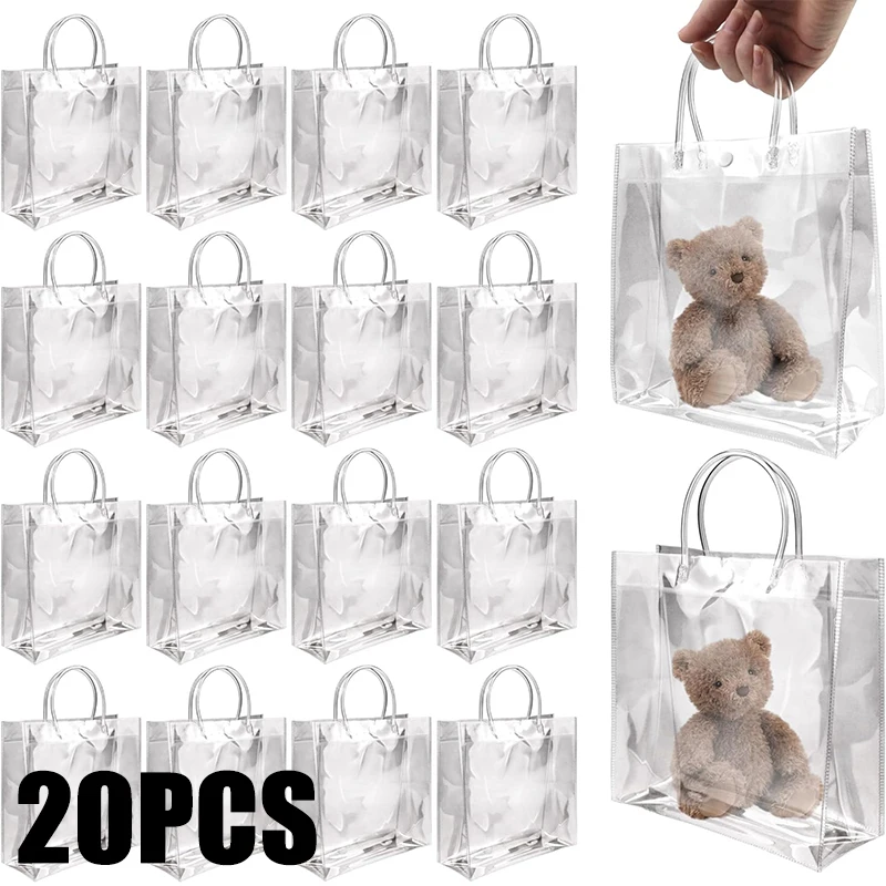 20Pcs Transparent Gift Bags with Handle Wedding Kids Birthday Party Favors Christmas New Year PVC Gift Packaging Bag Baby Shower