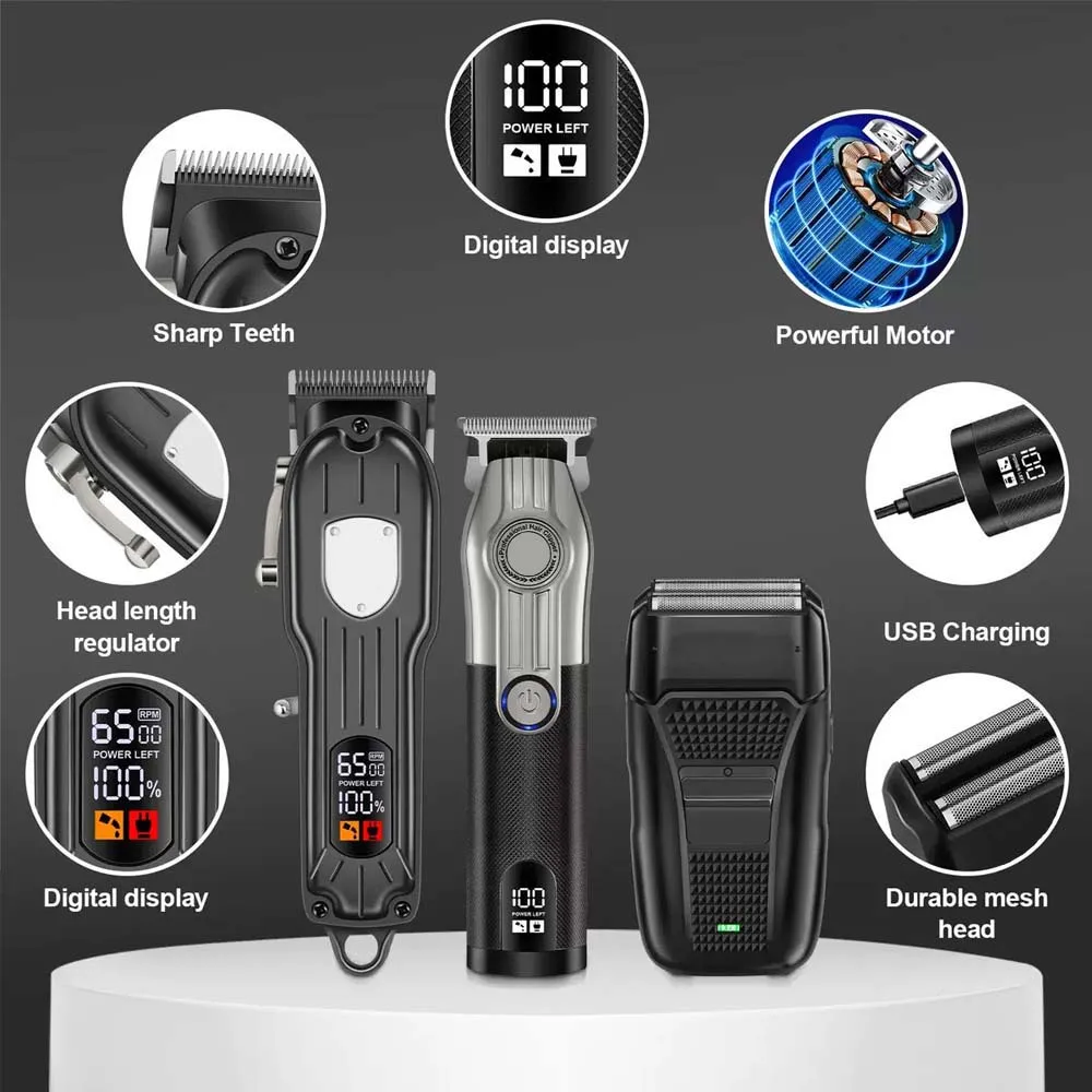 Professional Barber Hair Clipper Set for Men - Cordless Trimmer Shaver ，with LCD Display Guide Combs Rechargeable Haircut Kit