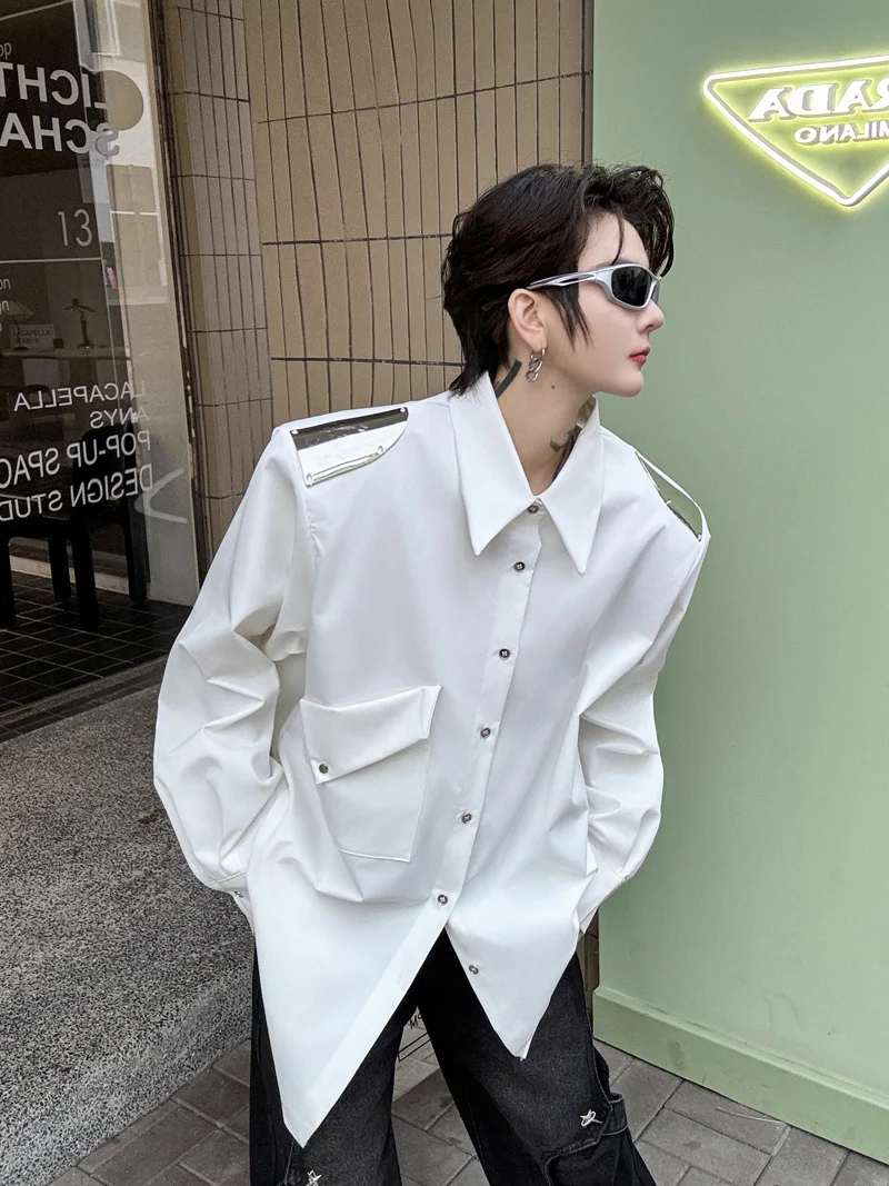 Spring High-End Padded Shoulder Shirts Men's Long-Sleeve Metal Decoration Trendy Male Simple Fashion Single-Breasted Shirt