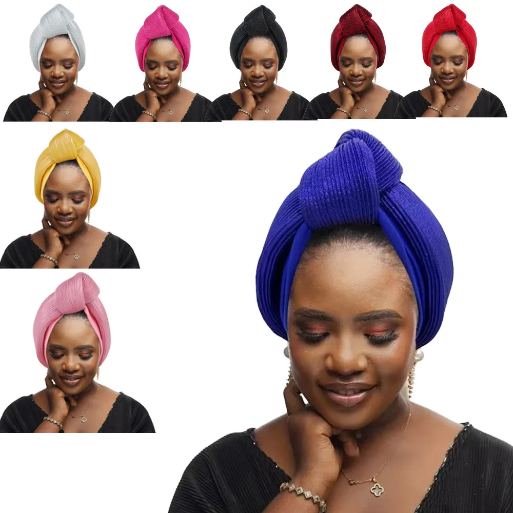

Nigeria Knotted Turban Cap African Headtie Auto Gele Already Made Wedding Aso oke Headwear Women Hijab Bonnet Head Wraps Mujer