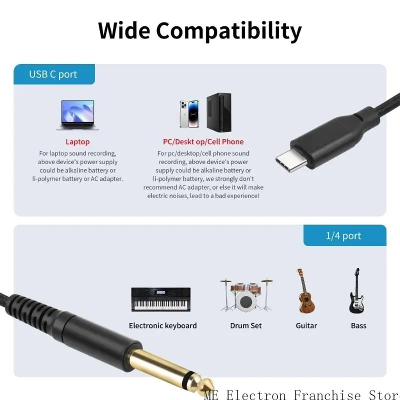 T5EA 6.35mm كابل 1/4inch TRS الكهربائية الحبل الغيتار من النوع C إلى 6.35 ملم سلك