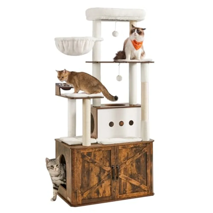 

66.9-Inch Cat Tree with Litter Box Enclosure Large Condo with Food Station Storage Scratching Posts Cave Hammock Washable Cushi