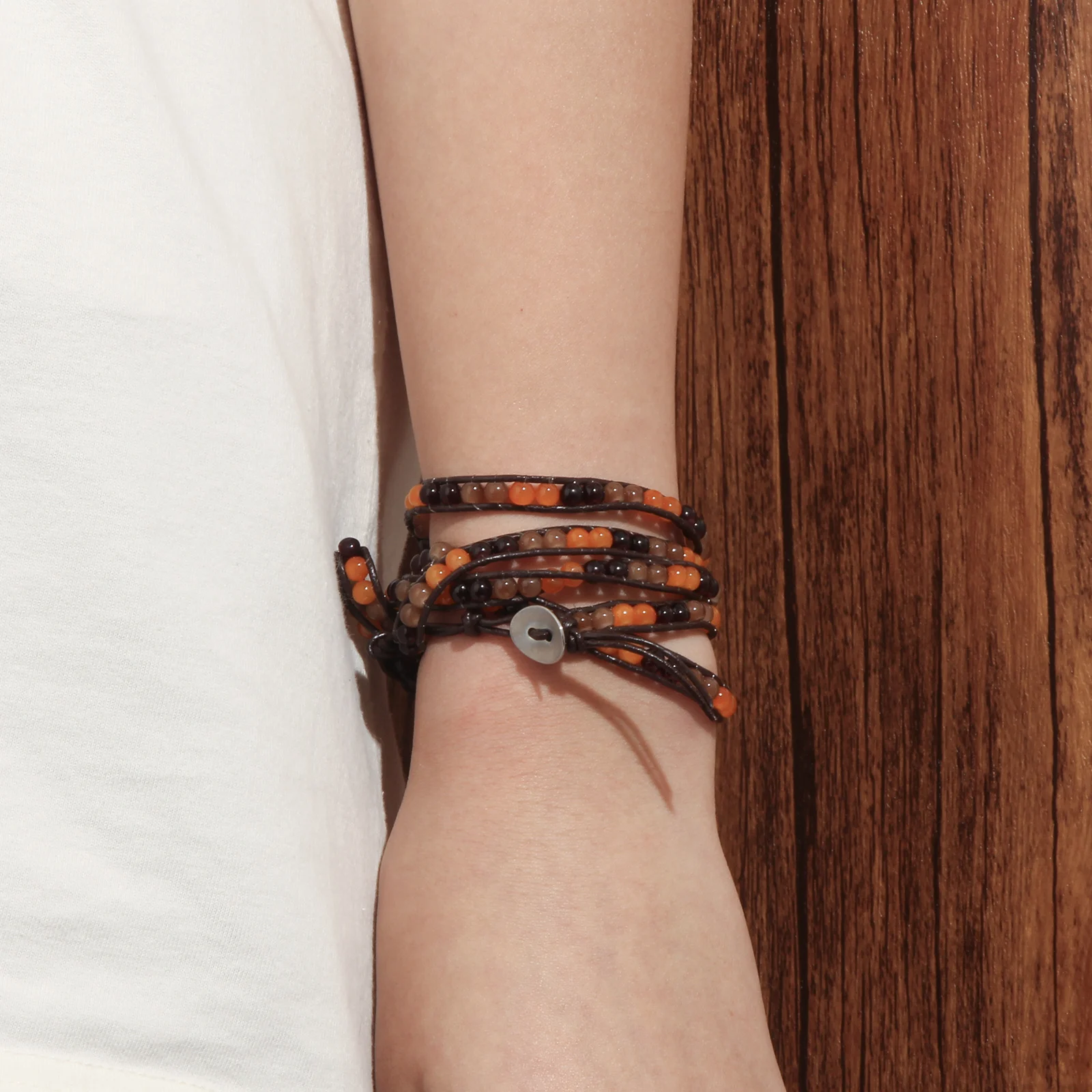 

Boho Orange Brown Beaded Leather Wrap Bracelet Adjustable for Women
