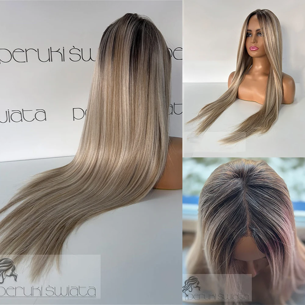 28 Inch Highlight Ash Blonde Ombre Wig Straight 13x4 Lace Front Synthetic Hair Blend Human Hair Preplucked Realistic for Women