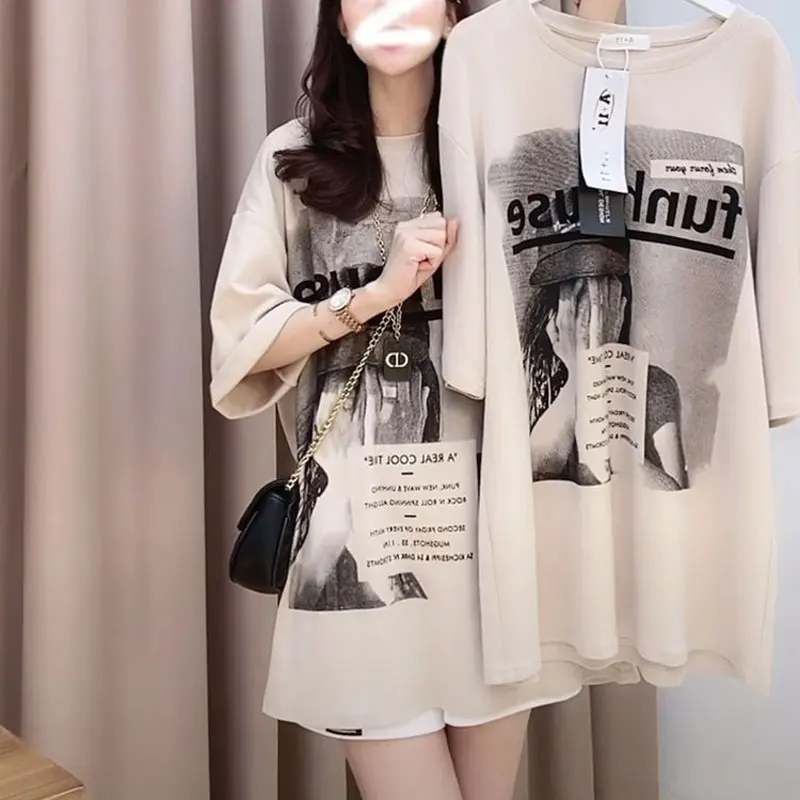 Female Clothing Letter Printed T-shirt Vintage Korean Loose Casual Chic Short Sleeve Summer All-match Commute O-Neck Pullovers