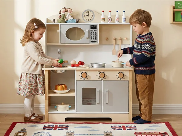 Wooden Play Kitchen Set Realistic Toddler Kitchen Playset with Oven Dishwashing Sink for Children Above 3 Years Old Kids Gift