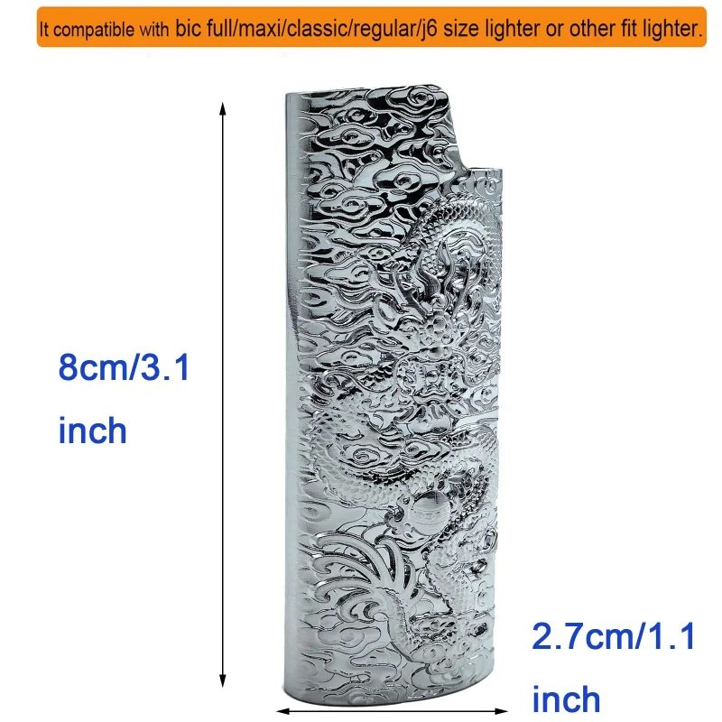 Cehyhd Metal Lighter Case Cover Holder Vintage Dragon Engraving for BIC Full Size Lighter J6 (Silver)