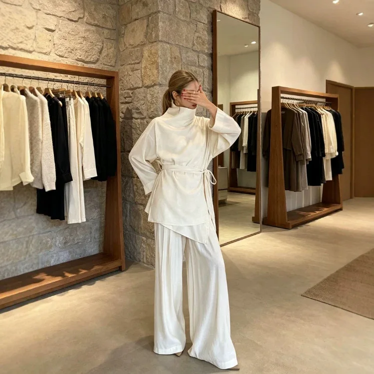SuperAen Autumn New Lace-up Loose Asymmetrical Design Turn-down Collar Tops Full Length High Waist Pants Sets