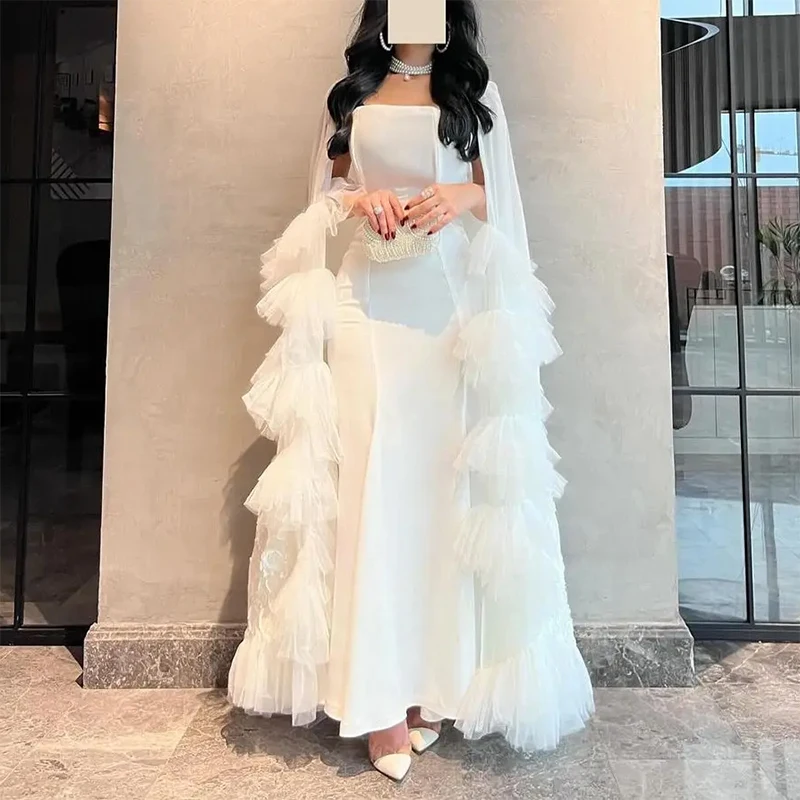 White Elegant Square Neck Formal Evening Dresses Shawl Tiered Ruffle Prom Dresses Customized vestidos a medida