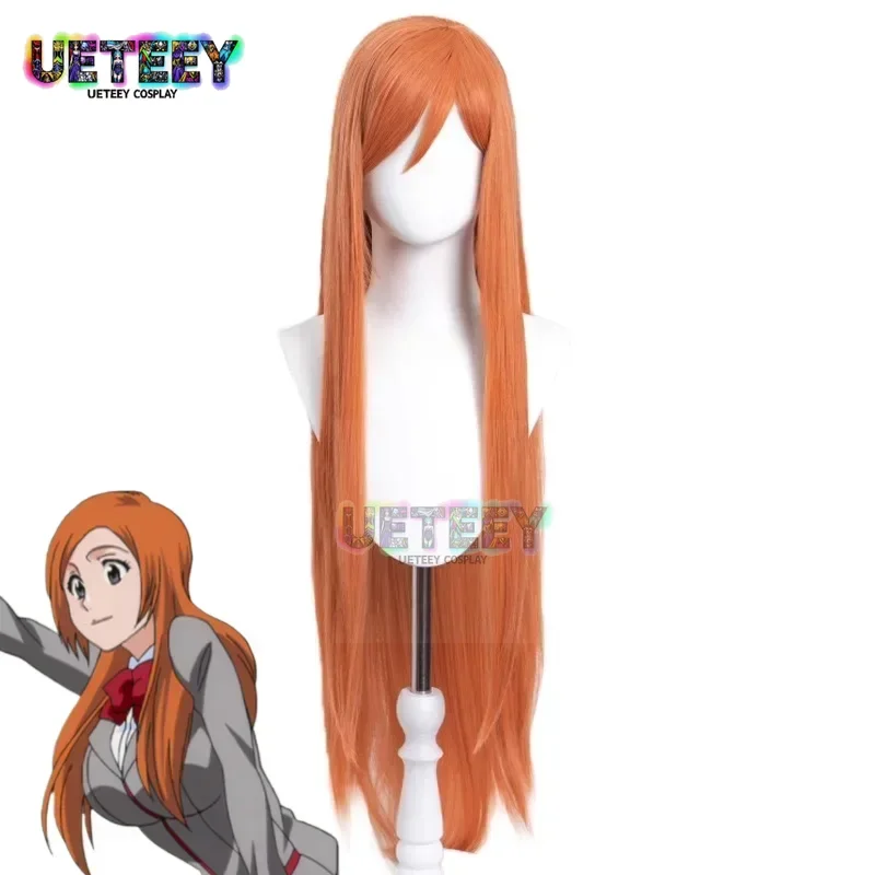 

UETEEY COS аниме Bleach Inoue Orihime косплей костюм головные уборы для волос супер длинные оранжевые парики с комиксами