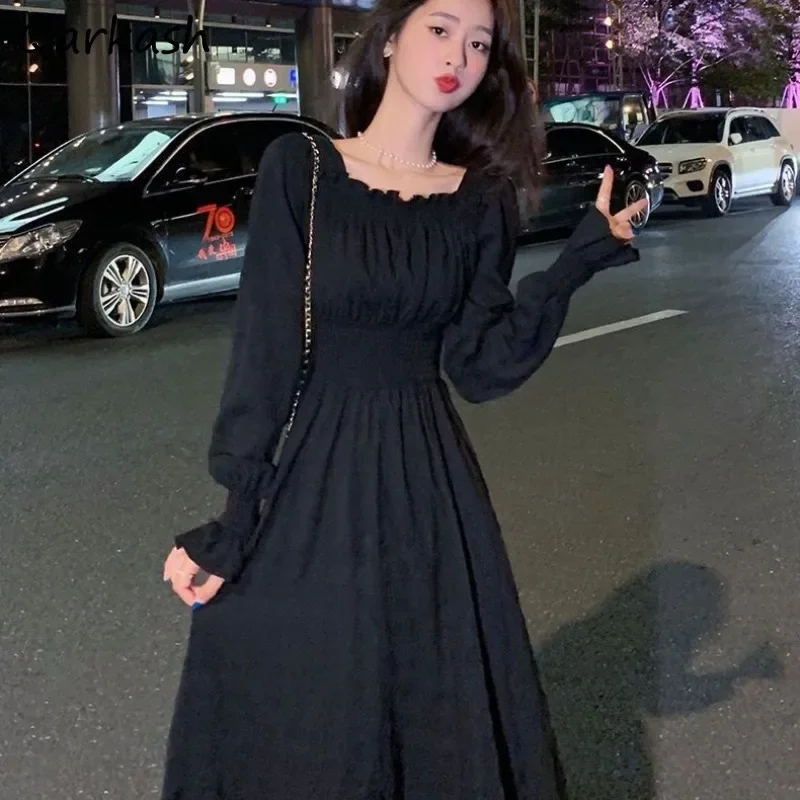 

Dress Women Gentle Vintage Pure Chic Long-sleeve Folds Square Collar A-line Autumn Dating Vestidos Defined Aesthetic OOTD