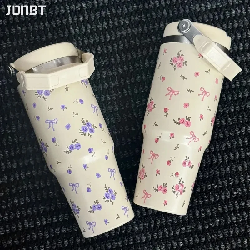 

30oz Cute Bow Flower Straw Tumbler Thermal Water Bottle With Handle Large Capacity Hot and Cold Stainless Steel Thermos Cat Mugs
