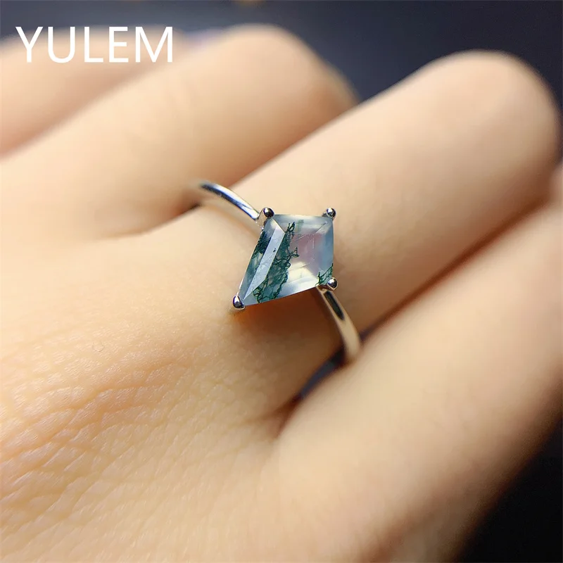 YULEM Simple Styles Kite Mossagate Ring Engagement Ring 925 Sterling Silver Solitaire Women Rings for Gift