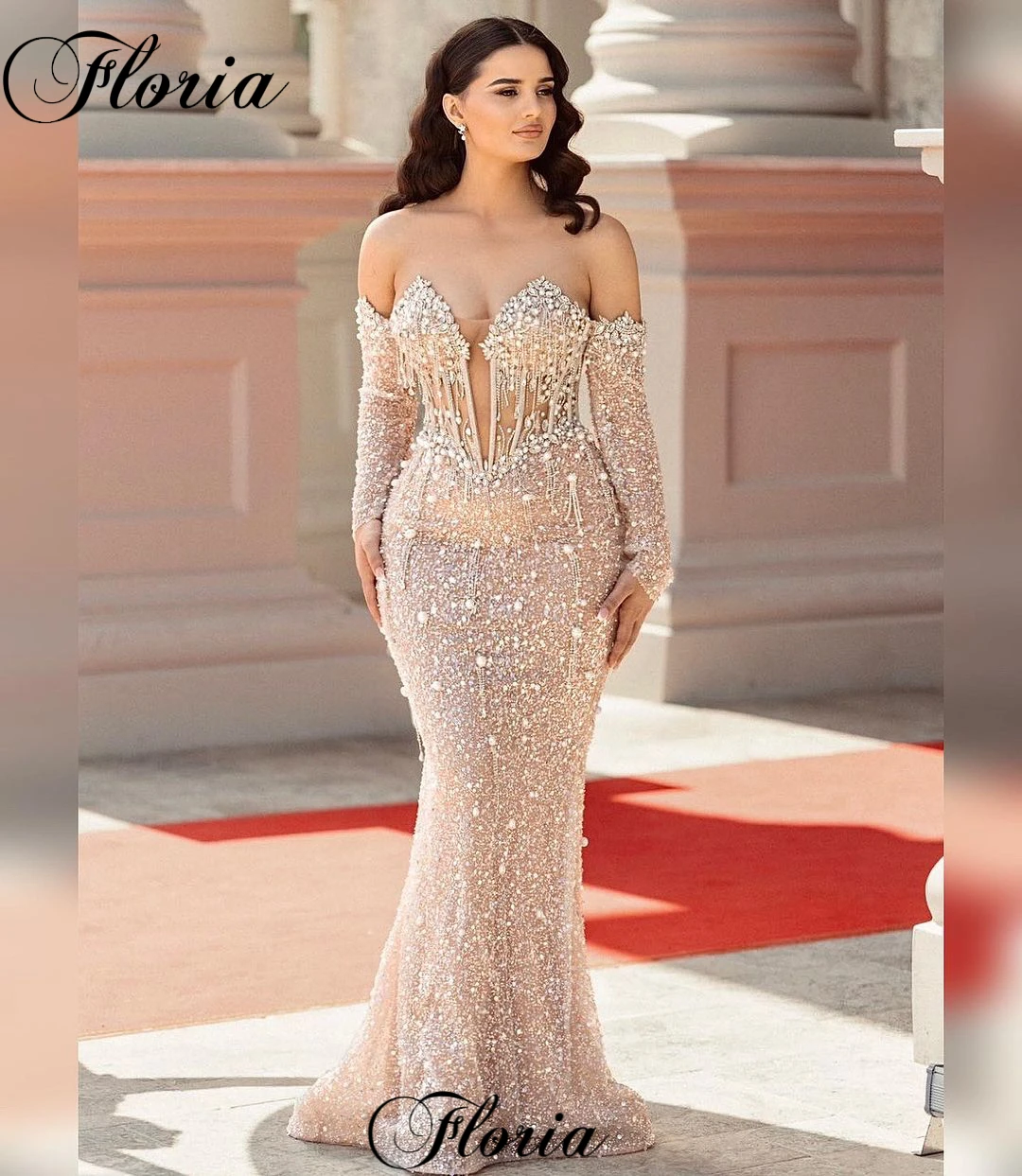 Champagne Elegant Crystals Prom Dresses Plus Size Off Shoulder Sweetheart Cocktail Party Dresses Vestidos De Noche Evening Gown