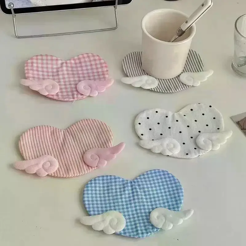 1Pcs Aesthetic Plaid Anti Scald Table Mat Sweet Girly Angel Wing Heart Coaster Cute Desk Decor Birthday Gift
