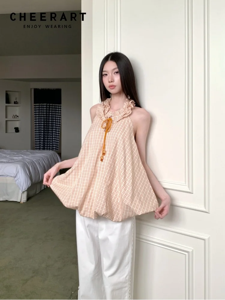 

CHEERART Plaid Bud Backless Summer Tops For Woman 2025 Ruffles Tanks & Camis Sleeveless Cute Tops Fashion Clothes