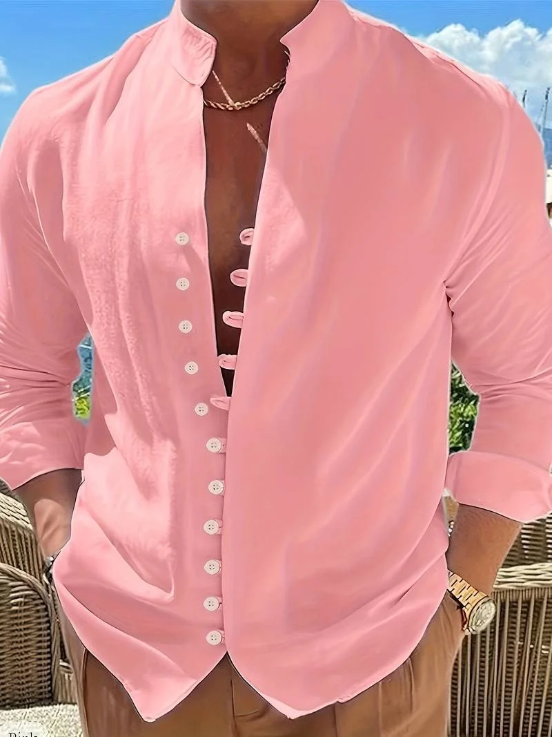 New Men's Linen Long Sleeve Shirt Fashion Vintage Style Ethnic Totem Flower Print Comfortable Men's Top