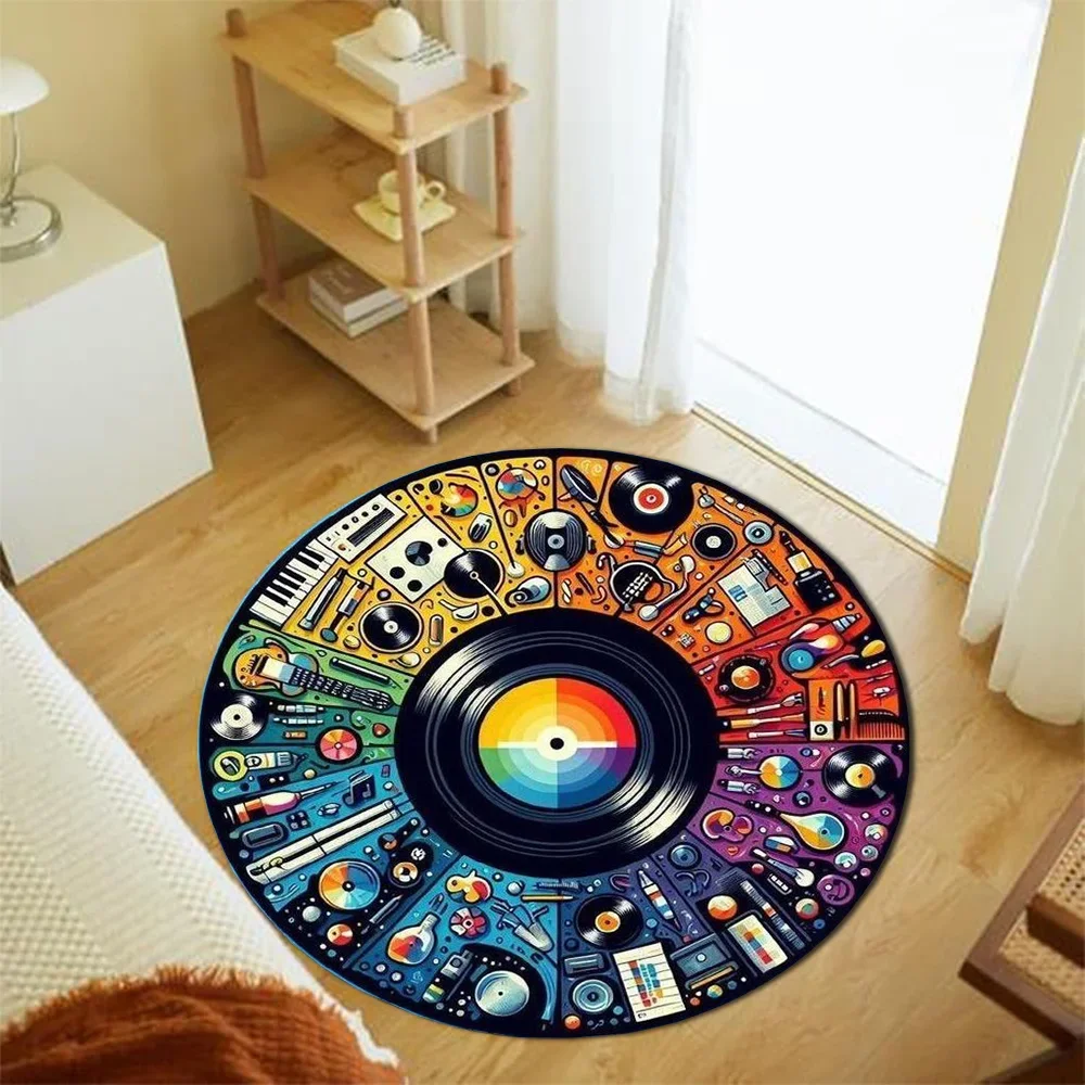 Music Vinyl Record Round Rug Flannel Colorful Instruments Pattern Floor Mat for Music Lovers Home Studio Decor Creative Gift