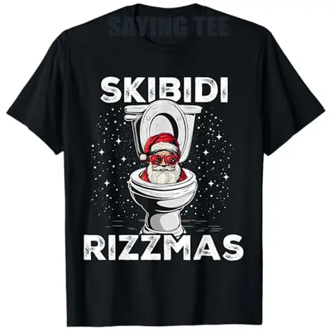 Skibidi Rizzmas Lustiges Toiletten-Weihnachtsmann-Weihnachts-T-Shirt mit weißem Elefanten, humorvolles Herrenmode-T-Shirt mit maßgeschneidertem Grafik-Outfit und Spruch