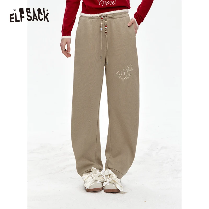 

ELFSACK 2024 Winter New Arrivals White letter embroidery beaded waist chain plus velvet sports casual pants for women